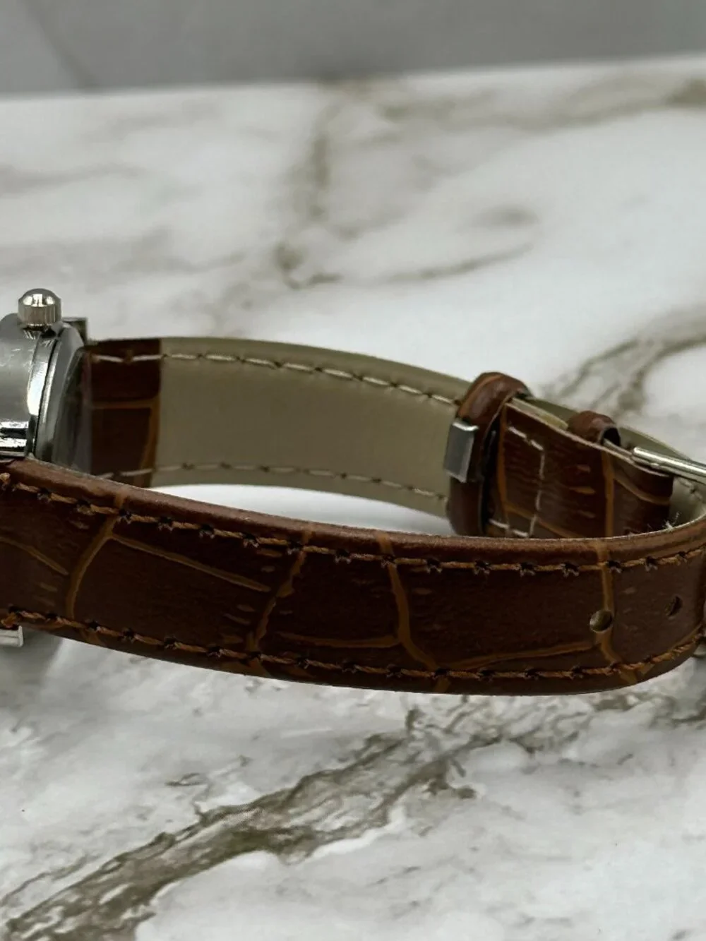 3/$30 Calvin Hill Watch Women Silver Tone White Dial 26MM Brown Band  8